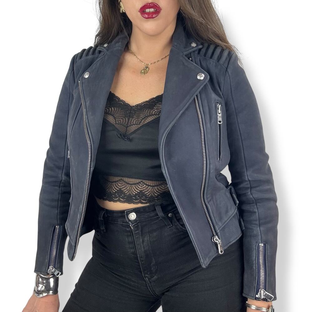 THE KOOPLES blue lamb leather motorcycle biker jacket - Picture 8 of 16